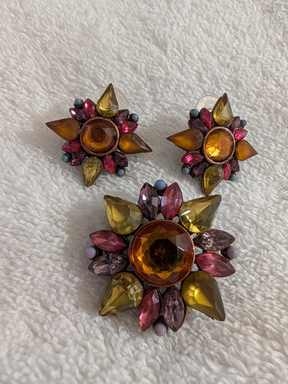 Amber and Pink Crystal Flower Brooch with Matching Earrings